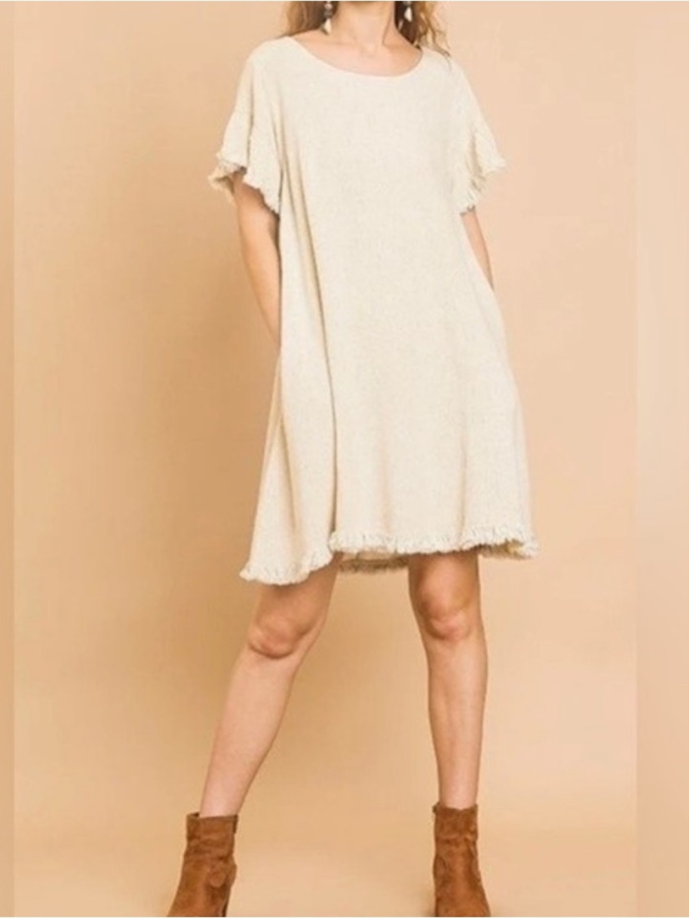 Umgee Linen Blend Oatmeal Boho Coastal Cowgirl Festival Frayed Hem Mini Dress S